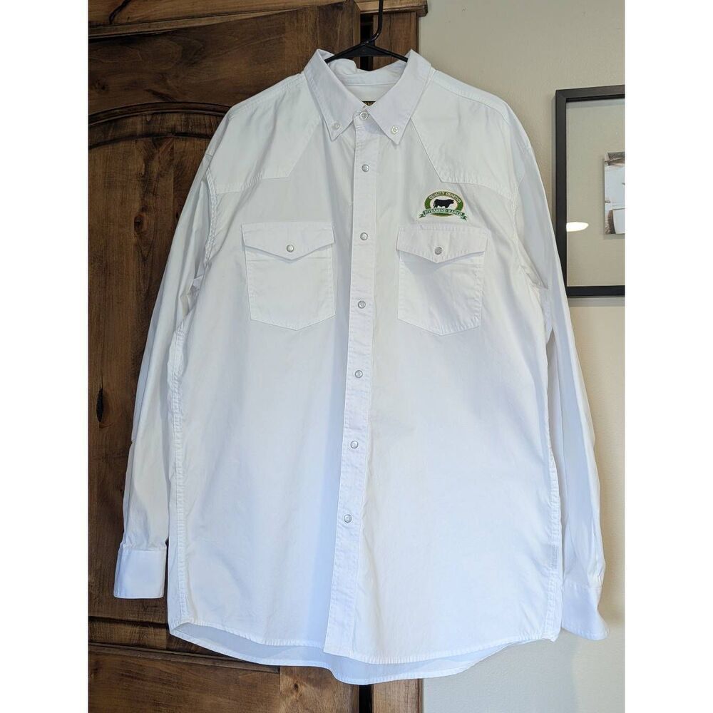 Wyoming Traders Pearl Snap Western Shirt XL White Riverbend Ranch Logo